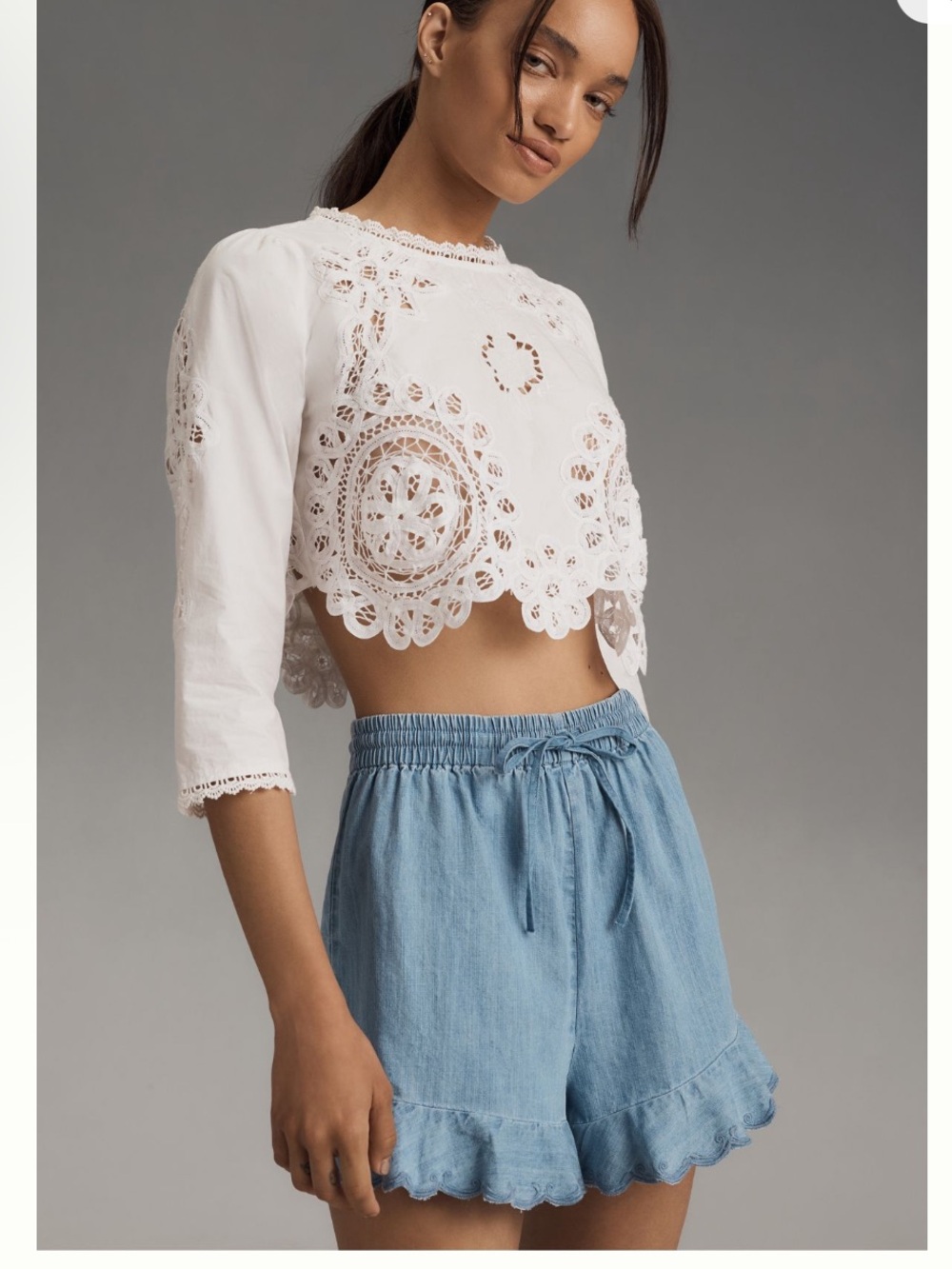 Pilcro Embroidered Ruffled Chambray Shorts  size XXs